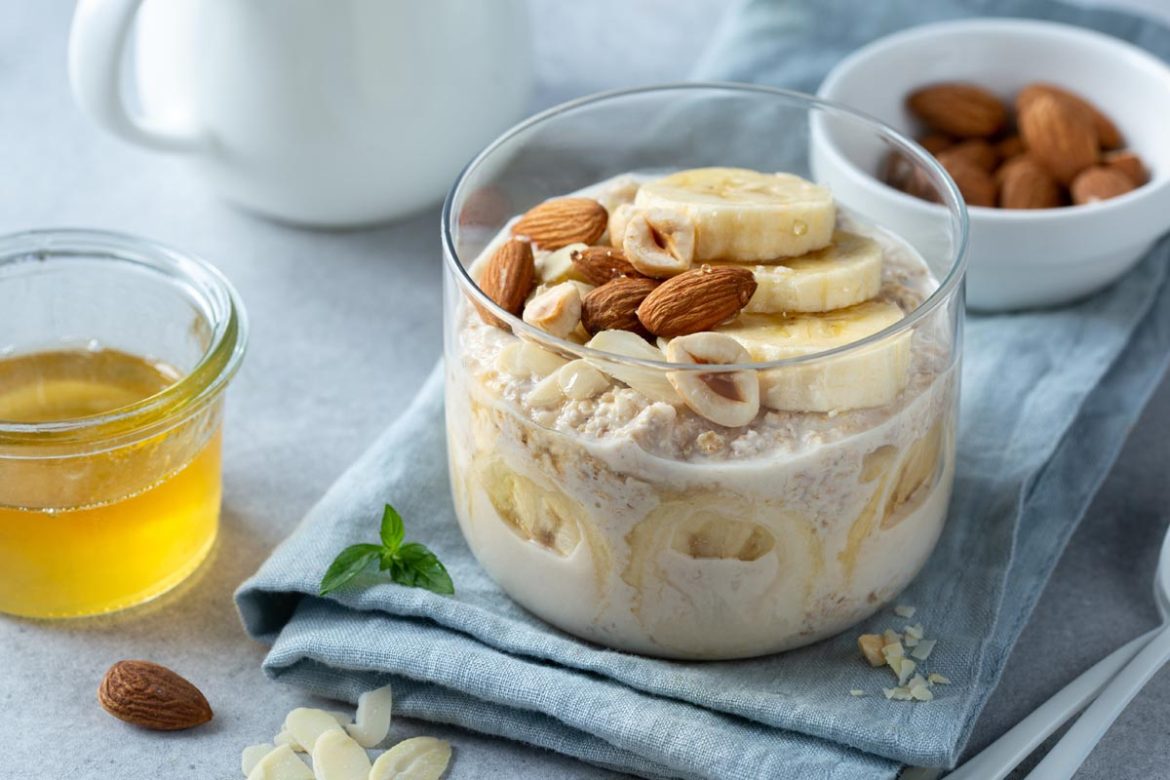 Overnight,Oats,With,Banana,,Nuts,And,Honey,Glass,Jar,,Healthy